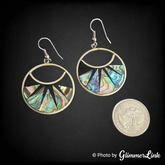 VTG Alpaca Mexico Geometric Inlay Abalone Shell Silver Tone Dangle Earrings - Picture 3 of 6